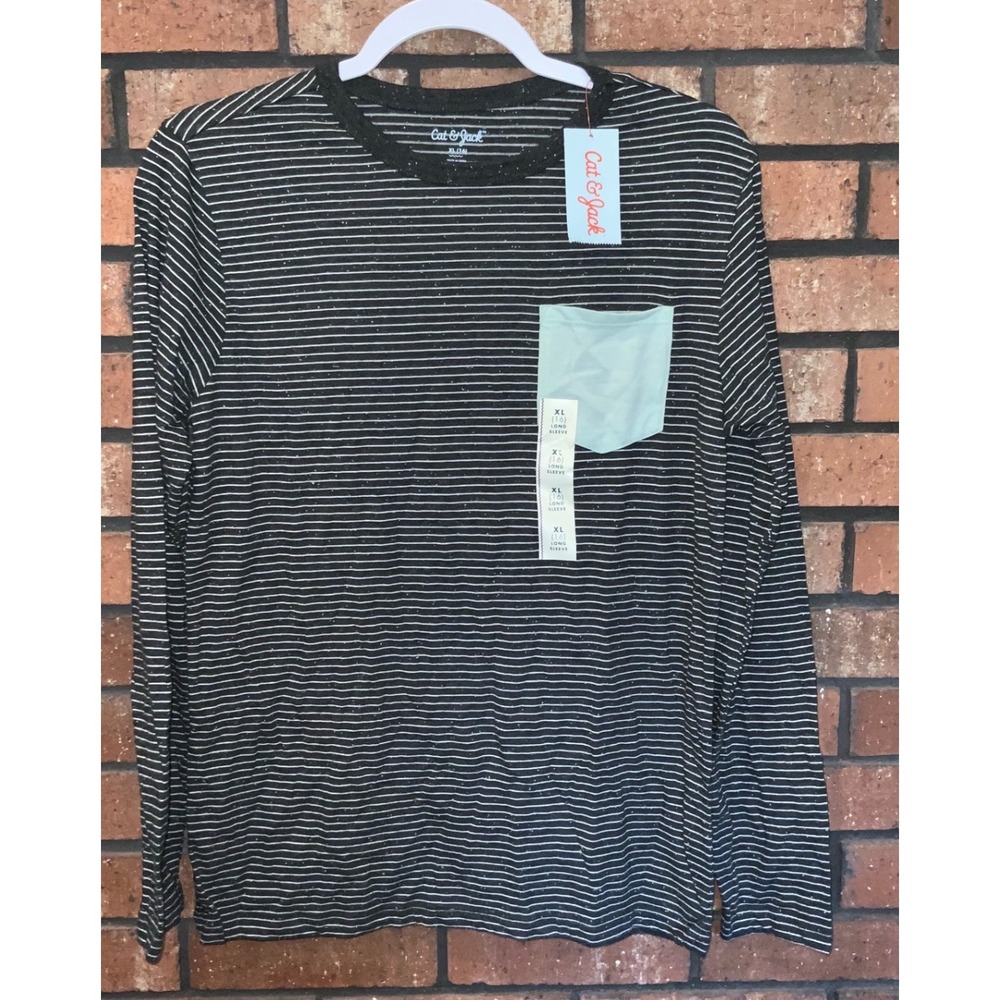 Cat & Jack Boys Long Sleeve Striped Speckled Tee Black White Blue Pocket XL 16
